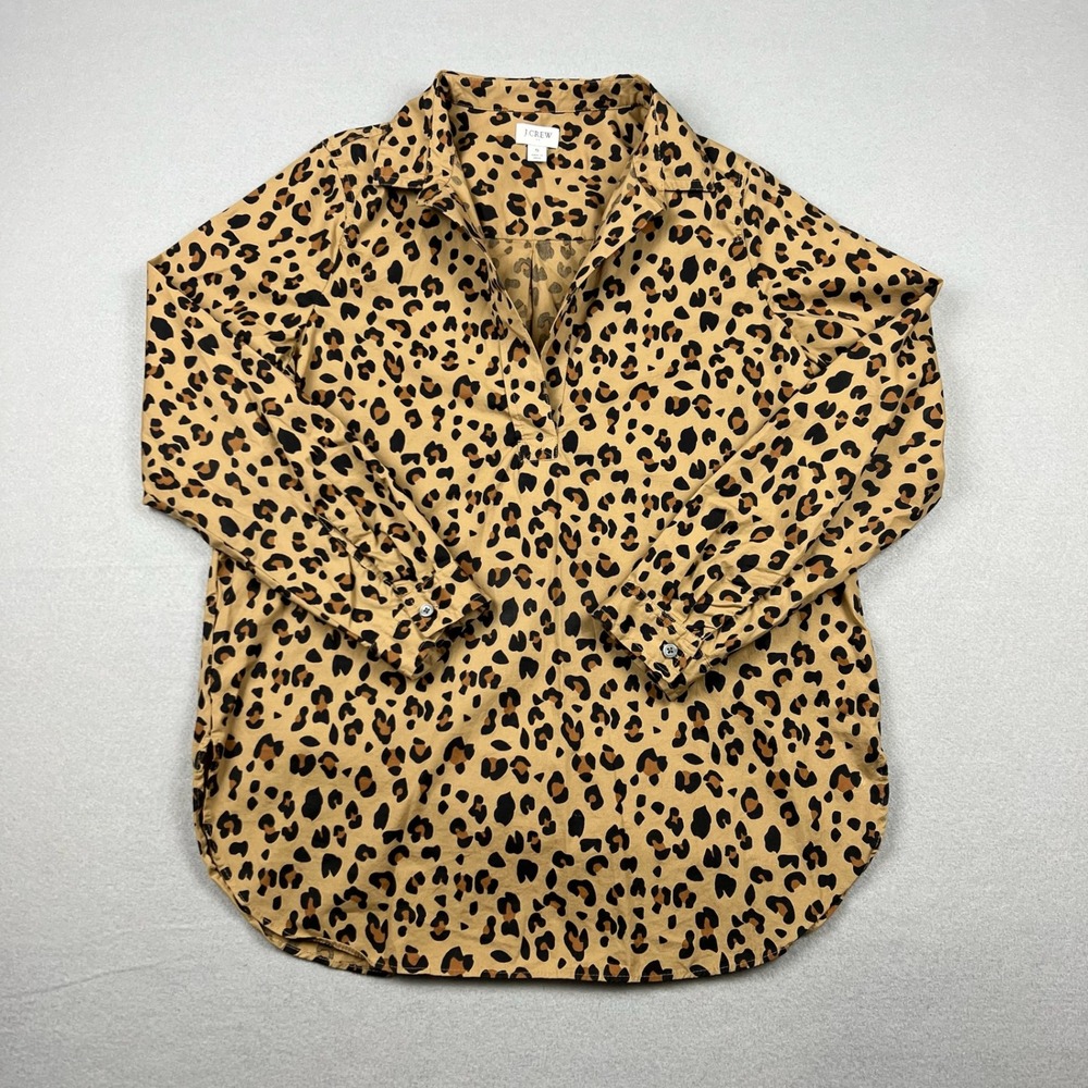 J.Crew Women Small Tan Leopard Popover Tunic Collared Blouse Long Sleeve Shirt